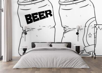 Black And White Of Two Broken Beer Cans Drink With Doodle Or Sketchy Style Wall mural