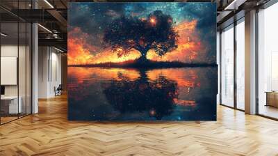 Abstract depiction of a fiery celestial event in a dramatic sky at sunset. Wall mural