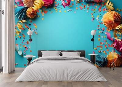 Colorful festoons and confetti on a bright turquoise background creating a festive border for celebrations. Wall mural