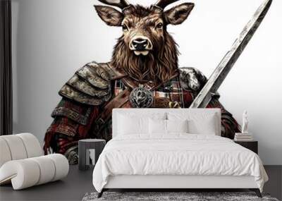 Deer warrior with sword in medieval armor, white isolate background Wall mural