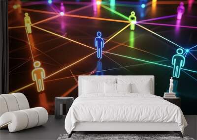 Digital connections represented by colorful lines linking silhouettes on a dark background. Wall mural