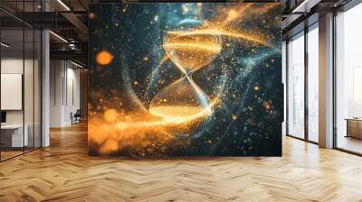 Futuristic hourglass with glowing, vibrant particles illustrating the concept of time in a digital universe. Wall mural