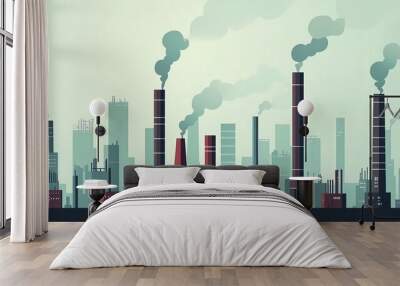 Industrial skyline with smokestacks and factories emitting smoke against a soft green background. Wall mural