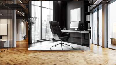 Modern office interior with sleek black design, desk, chair, and window view of the city. Wall mural