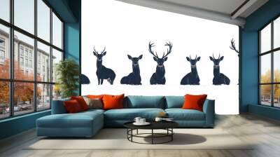 Silhouetted deer in various poses, white isolated background Wall mural