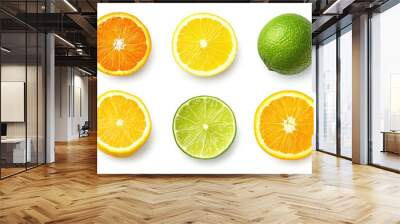 Vibrant citrus slices including orange, lemon, lime, and tangerine on a white background, perfect for food and health themes. Wall mural