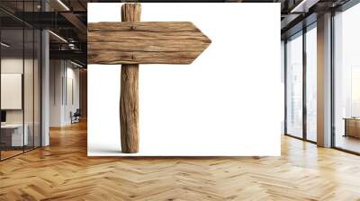 Wooden arrow signpost on white background. Rustic wooden direction sign for guiding or pointing the way. Empty space for text. Wall mural