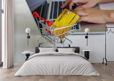 Internet online shopping concept with laptop and shopping-cart. Wall mural