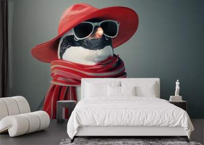 Fashion penguin in red summer hat and scarf, concept of summertime chic Wall mural