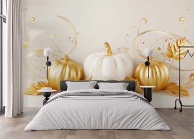 Golden and white pumpkins with elegant leaves, perfect for a luxurious fall display - autumn charm and modern style Wall mural