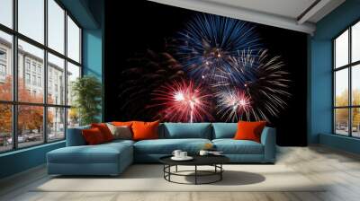 Happy labor day. Fireworks patriotic colors, against black background. The 4th of July celebration, Independence Day of USA. AI generative Wall mural