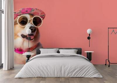 Summer hippie style corgi dog wearing sunglasses and summer hat, looking at blank empty copy space, over pink background, banner. AI generative Wall mural