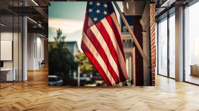 The 4th of July celebration Independence Day of USA. USA flag hangs on the flagpole of a modern typical american house. Dramatic light, backlit. AI generative Wall mural