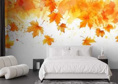 Watercolor yellow and orange maple leaves boarder on a white background Wall mural