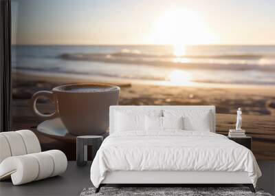 White coffee cup on a wooden table on beachside, on sunset. AI generative. Wall mural