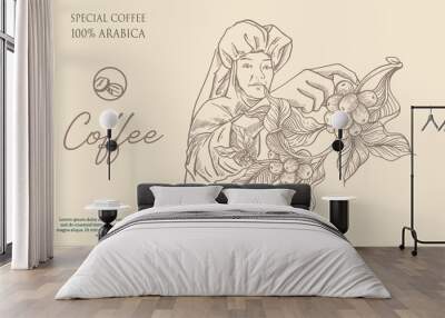 coffee label packaging of drawing and vector. coffee banner for promotion digital of coffee bean. poster coffee and sticker label Wall mural