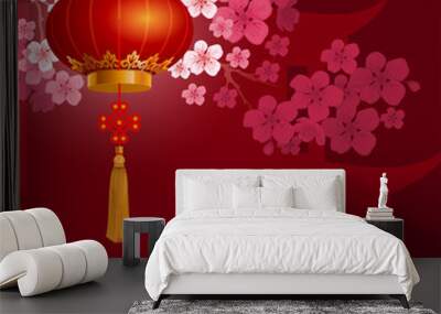 Chinese New Year festive vector card Design with blooming sakura and traditional paper lantern at night (Chinese Translation: Happy New Year, on stamp : wishes of good luck).  Wall mural