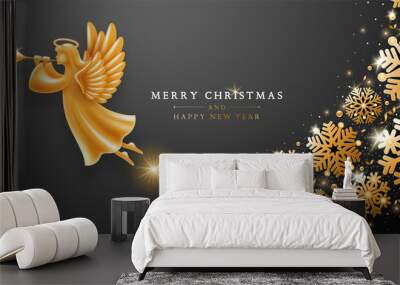 Christmas And New Year Greeting Card Template With Golden Angel Wall mural