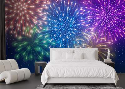 Festive firework bursting in various shapes and colors sparkling on blue sky background over the cityscape. Vector illustration. Wall mural