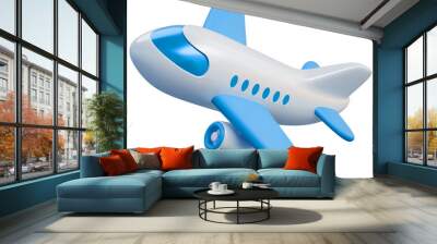 Flying plane icon. Cute, cartoon 3d realistic white airplane with blue portholes and wings, perspective view Wall mural