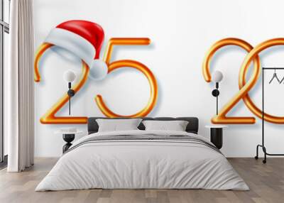 New Year 2025 logo set. 3d realistic thin golden glossy metallic numbers 2025 in various composition, with Santa hat. Design element for greeting cards, banner templates. Vector illustration Wall mural