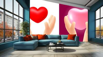 Set of cute 3d cartoon realistic hands holding red or pink heart. Isolated on white and red background. Concept of love, Valentines Day celebration,  health care or charity. Vector illustration Wall mural