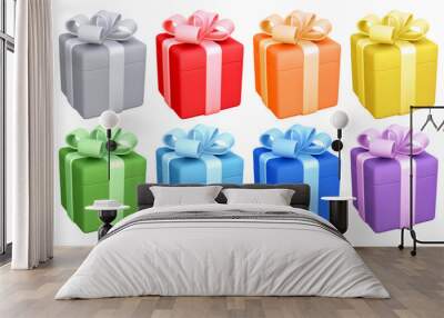 Set of isolated multicolored 3d gift boxes with cute bow. Rainbow colors. Holiday design element for birthday, wedding, advertisement of sale and other life events. Vector realistic illustration Wall mural