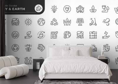 Set of line icons in linear style. Series - Ecology.Environment and renewable energy. Green ecology and recycling. Outline icon collection. Conceptual pictogram and infographic. Wall mural