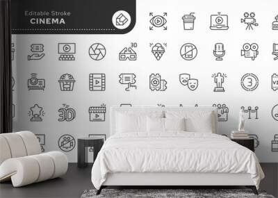 Set of line icons in linear style. Set - Cinema and film.Showing a movie in a cinema. Outline icon collection. Pictogram and infographic. Editable stroke. Wall mural