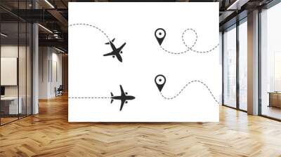 The flight path of the aircraft from the point of location along the dotted line. Flight route from a waypoint with an airplane silhouette. Vector elements. Wall mural