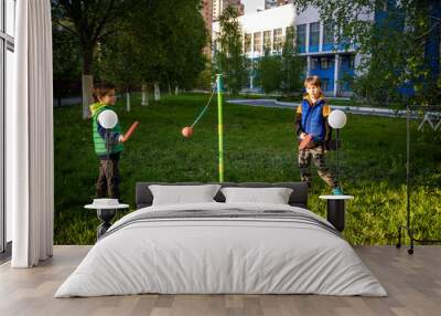 Two friends are playing tetherball swing ball game in summer camping. Two boy brother happy leisure healthy active time outdoors concept Wall mural