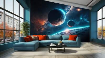 Illustration of a galaxy with planets and moons. AI generated art.  Wall mural