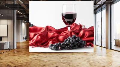 red wine, red fabric for decoration with black grapes on isolated white Wall mural