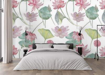  lotus water lily watercolor patern  textile paper background hand-drawn sketch nature flower flowers  bud leaves natural spa exotic oriental summer spring flora flowering plants separately on a whi Wall mural