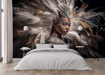 Photograph of a beautiful black Brazilian Carnival samba dancer, dressed in a colorful feather costume of golden and white colors Wall mural