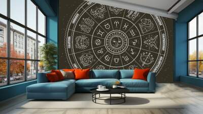 Astrology symbols and mystic signs. Zodiac circle with horoscope signs. Thin line vector design. Wall mural