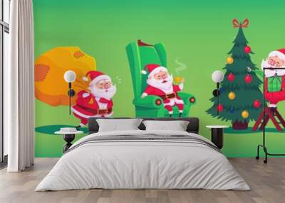 Collection of cartoon vector Santa Claus icons. Christmas illustration Wall mural