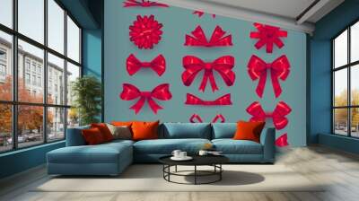 Set of red cartoon style bow knots and tied ribbons. Vector decoration elements collection Wall mural