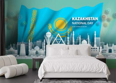 Anniversary celebration independence Kazakhstan day and travel landmarks Astana city with flag background, Tour Kazakhstan landmark with panorama view popular capital in origami paper cut. Wall mural