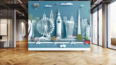 Illustration wallpaper travel landmarks architecture England in London famous city downtown. Tour Europe with panorama popular capital with society in cityscape, Vector illustration paper art style. Wall mural