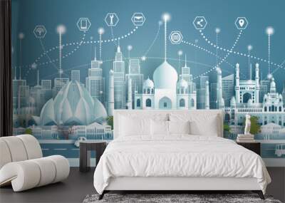 India technology wireless network communication smart city with architecture landmarks. Wall mural