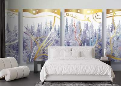 Modern landscape pine tree abstract with gold line art watercolor painting background. Wall mural