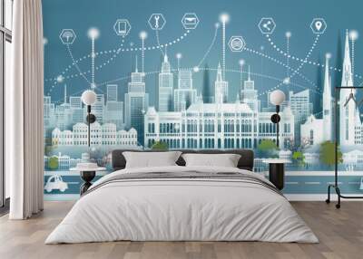 Technology wireless network communication smart city with architecture landmarks Austria. Wall mural