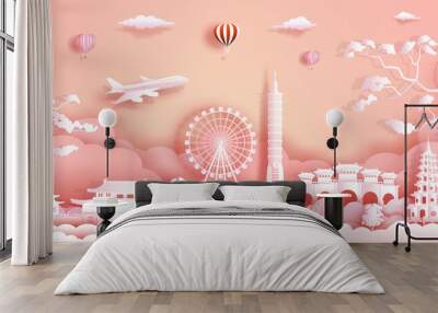 Travel Asia landmarks of Taiwan with airplane, sailboat and balloons. Wall mural