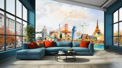 Travel famous landmarks world, Europe, Asia and America. Watercolor landscape Wall mural