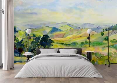 Watercolor landscape painting of mountain range with cottage. Wall mural