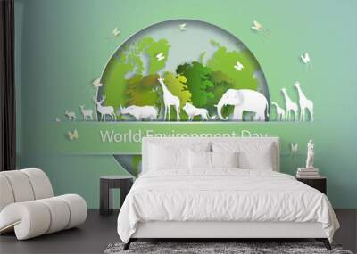 World environment Day, paper cut and origami craft style. Vector illustration world environment wildlife day. Save the planet and world concept, paper illustration, and 3d paper. Wall mural