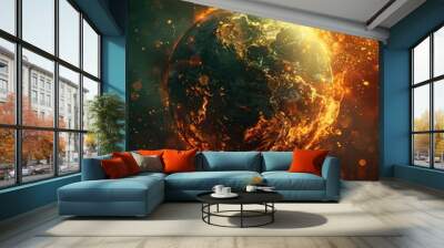 burning earth, collapse and destruction by fire, symbol of global warming due to industrial greed Wall mural