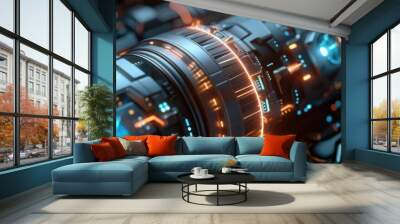 Futuristic technology with glowing circuits and intricate designs. Ideal for sci-fi themes and digital innovation. Wall mural