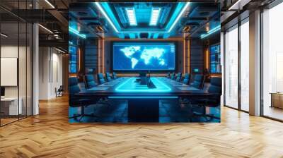 High-tech futuristic conference room with blue lighting, sleek furniture, and a large world map screen, perfect for meetings and technology concepts. Wall mural